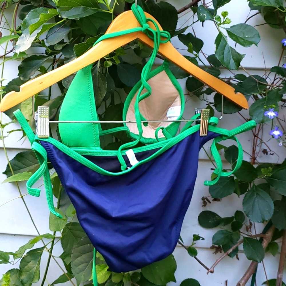 J Crew 2 pc Bikini Bathing swim Suit Blue Green Top SMALL / Bottom MEDIUM USA - Picture 2 of 5